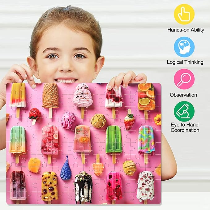 LELEMON Popsicle Puzzles for Kids Ages 4-8,100 Pieces Summer Treats Jigsaw Puzzles in a Metal Box,Colorful Popsicle Ice Cream Learning Educational Puzzles for Boys Girls