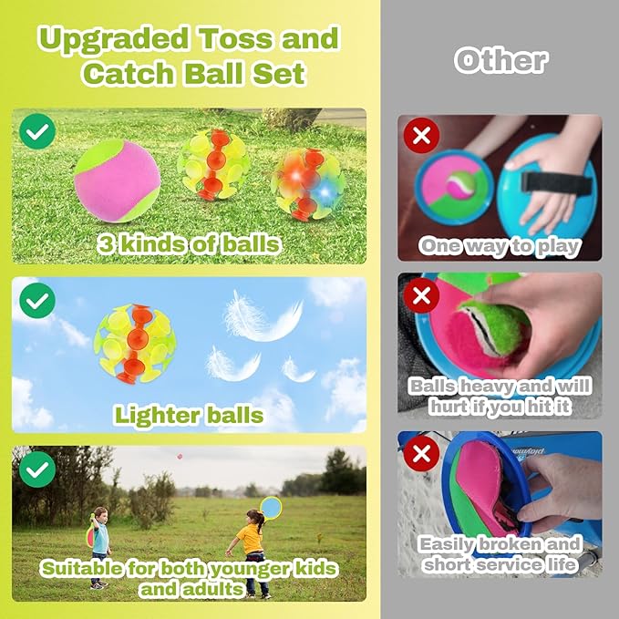 Toss and Catch Game for Kids: Toss and Catch Balls Set of 2 - Outdoor Catching Ball Paddle Toys for Ages 3+ Beach Paddle Ball Sets for Yard, Backyard, Summer