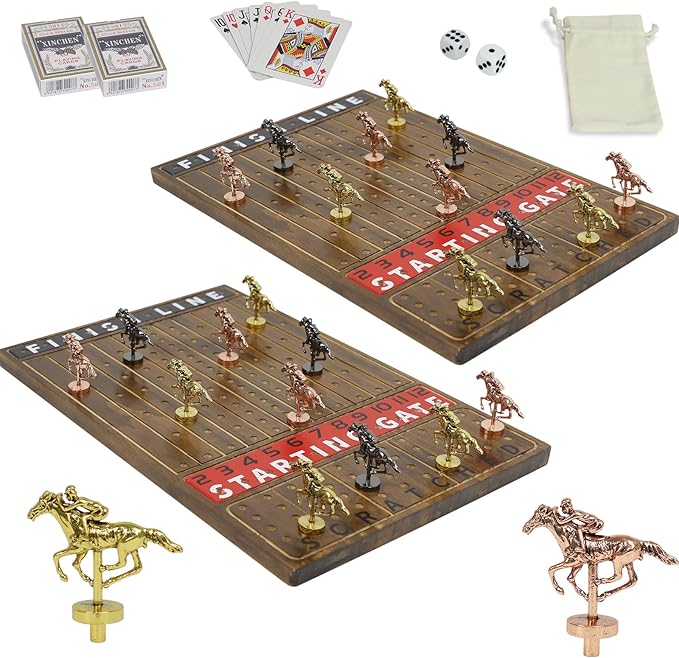 HOROW 2 Pack Metal Horse Racing Board Game Card Board Game Finish Line Luxury Edition Solid Wood Race 11 Batches of Metal Model Horses 2 Sets of Dice and 2 Boxes of Cards (Flame)…