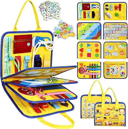 Esjay Toddler Busy Board Montessori Toys for Boys Girls, Sensory Board Educational Activities for Learning Fine Motor Skills, Birthday Gifts for Toddlers, Travel Toys for Airplane Car, Yellow Truck