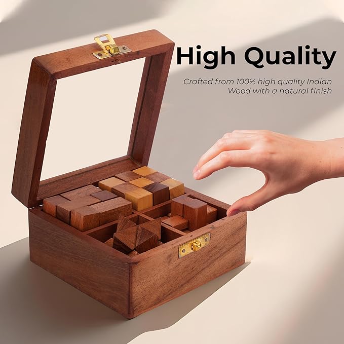 Ajuny Wooden Puzzles Box Set (4 Games) Brain Teaser for Teens & Adults, IQ Test Interlocking 3D Puzzles, Handcrafted Rustic Patio Decor, Unique Gift for Christmas and Birthdays