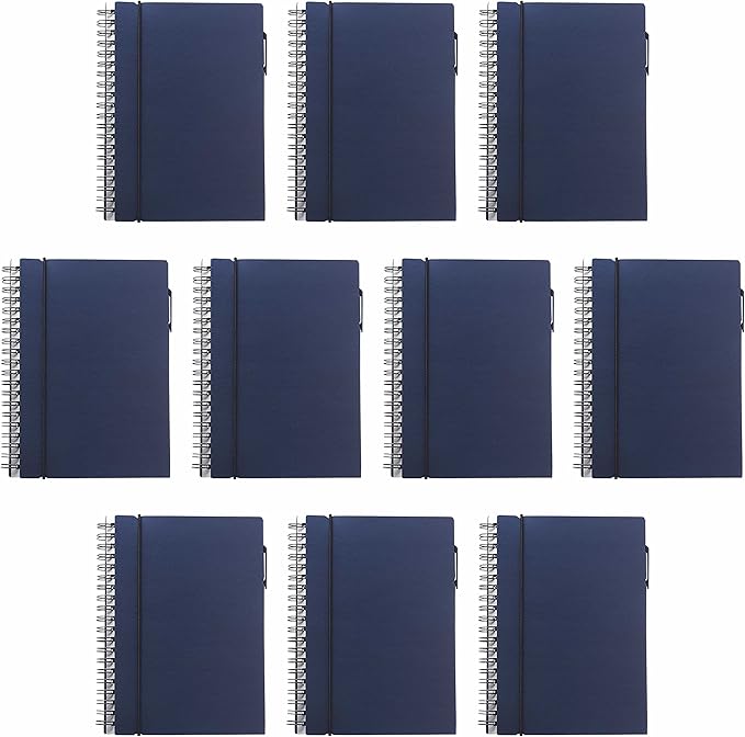 DISCOUNT PROMOS Spiral Notebooks with Elastic Closure Set of 10, Bulk Pack - Perfect for School, Office, Business and More - Navy Blue