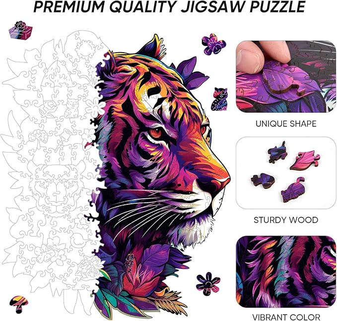 Wooden Puzzles Tiger 200pcs Medium Puzzles for Adults, Unique Shape Animal Adult Puzzles, Irregular Best Gift for Adults and Kids Family Game (10x12.6 in)