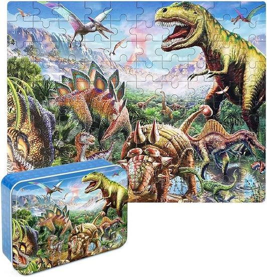 LELEMON Puzzles for Kids Ages 4-8,Tyrannosaurus 100 Piece Puzzles for Kids,Educational Kids Puzzles Ages 6-8 Jigsaw Puzzles in a Metal Box,Dinosaur Puzzles for Kids Ages 5-8 Cool Puzzle Games Toys