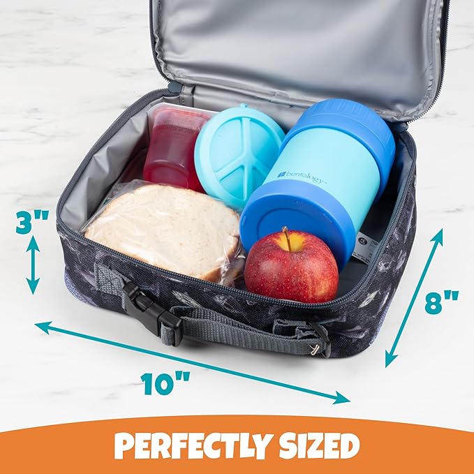 Bentology Lunch Bag for Boys- Kids Insulated Durable Lunchbox Tote Fits Bento Boxes, Containers, Jars & Water Bottles- Reusable School Lunch Sleeve w Clip on Handle- Keep Food Hotter or Colder Longer