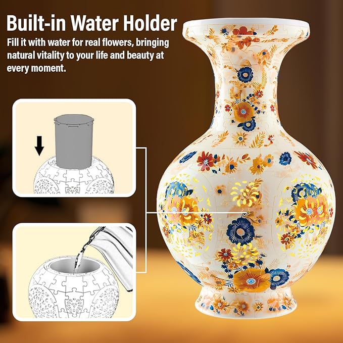 LED Flower Puzzle Vase for Adults, 200-Piece 3D Puzzle Vases for Home and Office Decor, Unique Flower Vase for Living Room & Bedroom, Creative Crafts for Adults