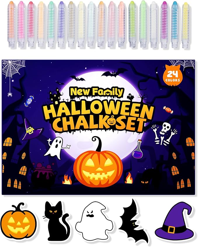 NewFamily Halloween Dustless Chalk Set - 24 Colors, Non-Toxic Washable Chalk with Spooky-Themed Magnetic Drawing Boards, Festive Gift for Kids & Toddlers