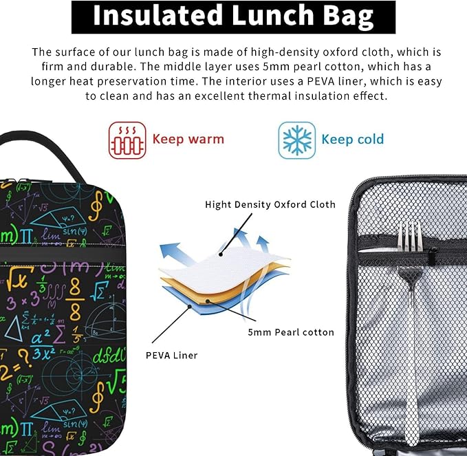 Math Colorful Geometrical Plots Formulas Calculations Reusable Lunch Box Food Bag Insulated Lunch Bag for Teenage Boys Girls School Beach