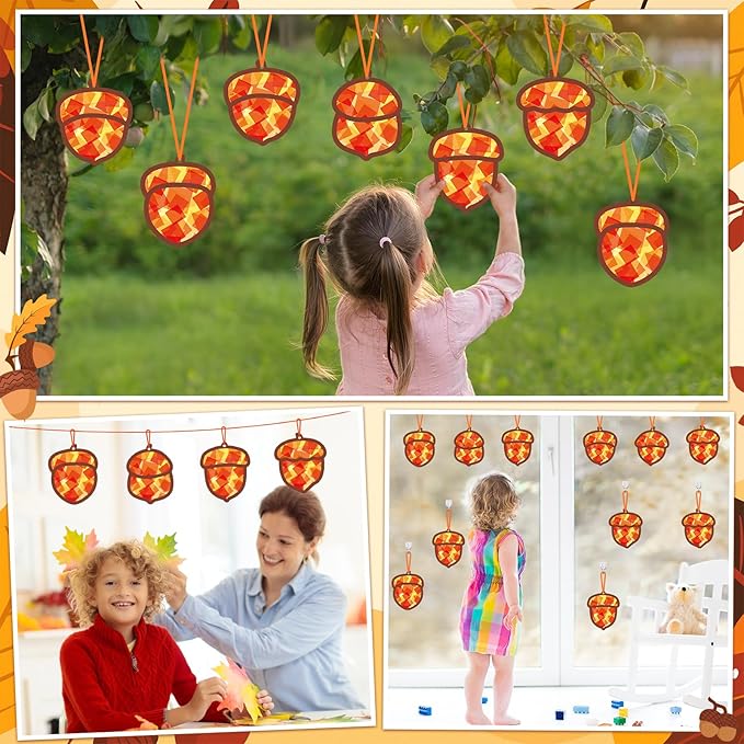 Qyeahkj 36 Set Fall Acorn Suncatchers Crafts for Kids DIY Autumn Window Tissue Paper Craft Kit Hanging Decor for Thinkgiving Home Activity Art Project Birthday Party Favor Gift