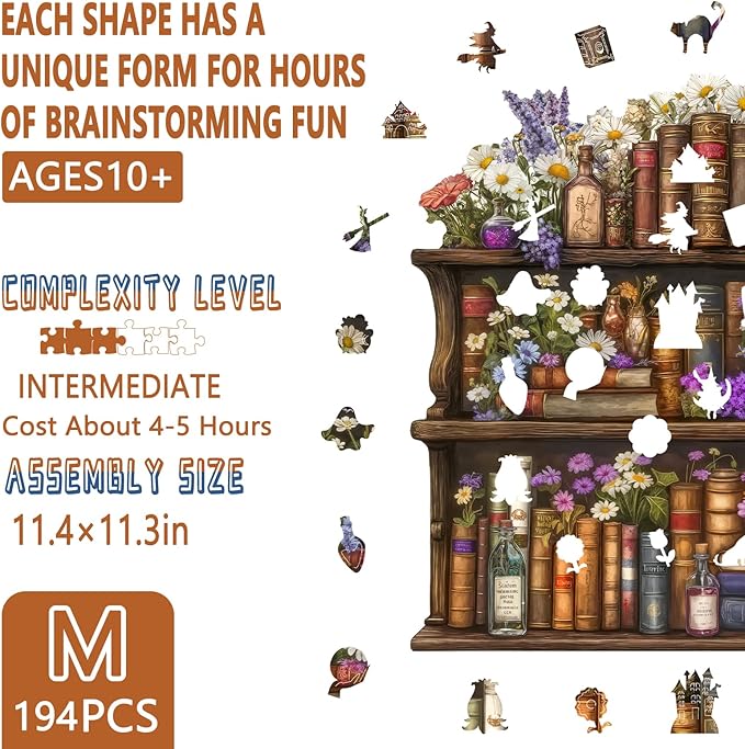 Wooden Puzzles for Adults, Magic Bookshelf Wooden Jigsaw Puzzle for Adults, Wood Puzzles Adult, Unique Animal Shape, Fun Gifts for Friends & Family, Home Decor(M -11.4 * 11.3in-194 pcs)