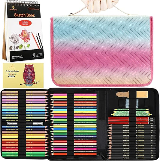 78pcs Drawing Kit Sketching Set Art Supplies with 3-Color Sketchbook Colorful Portable Case Colored Graphite Charcoal Watercolor Mettallic Pencil sketch draw gift set for Artist Adult Beginner
