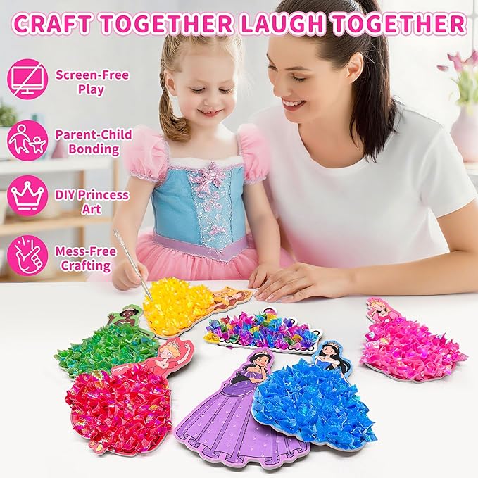 8 Pcs Poke in Crafts Art Kits for Girls, Fashion Princesses DIY Mess Free Kids' Paper Craft Kits, with 700+ Fabric Squares, 6 Foam Princesses, 2 Crowns - Birthday Gift, Creative Gift for Kids