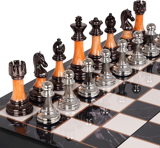 15" Large Chess Set for Adults and Kids With Weighted Acrylic Pieces, 3.5" King & Portable Folding Marbling Wooden Board - Travel Set, Family Board Game Gift, Elegant Classic Game