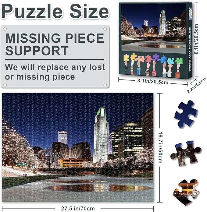 1000 Piece Puzzle for Adults Omaha Skyline Nebraska Cityscape, Jigsaw Puzzles 1000 Pieces Difficult and Challenge USA Downtown Theme, 27.5x19.7 Inch Family Puzzle Game Night Gift