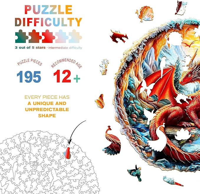 Wooden Puzzles for Adults - Crimson Dragon Wooden Jigsaw Puzzle - Unique Shape 3D Vision Wood Puzzles Adult - Christmas Birthday Gifts for Adults/Friends/Family - 195pcs 11.4 * 11.4in