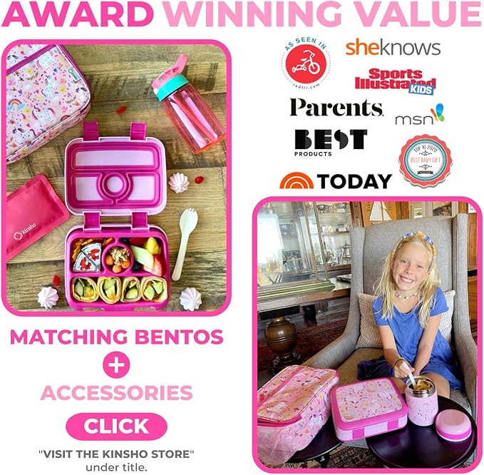 Bento Lunch Box for Kids with Thermo Food Jar for Hot Food Soup, Insulated Lunch Bag and Ice Cold Pack Set, Stainless Steel Lunch Thermal, Girls Container Boxes with 4 Compartments, Pink Unicorn