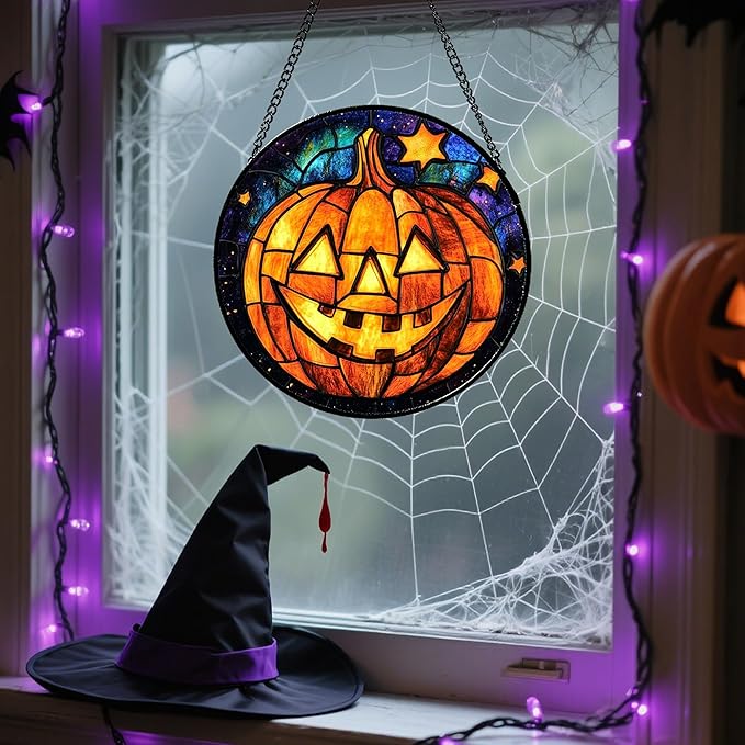 Stained Glass Window Hanging Halloween Horror Golden Pumpkin 6.3" - Suncatcher Door Garden Sunroom Gothic Style Sun Catcher Birthday for Friend Mom Men Woman Nana