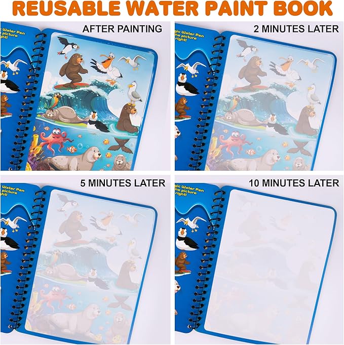 ArtCreativity 4 Pack Magic Water Coloring Books for Toddlers, Reusable Magic Water Pen Coloring Books for Kids - Mess Free Water Art Book for Toddlers - Travel Activity Toys, No-Mess Coloring