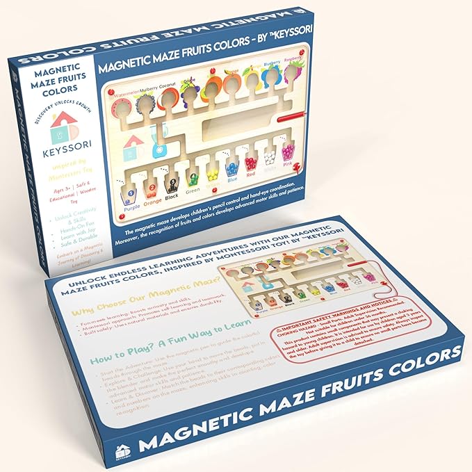 Magnetic Maze Board for Kids Age 3-5, Montessori Educational Wooden for All Toddlers 3 Busy Board, Preschool Learning Adventure, Fine Motor Skills, Fruits Colors Puzzle, Autism-Friendly Toy