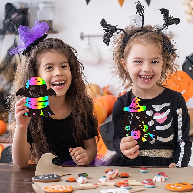 CY2SIDE Halloween Ghost Scratch Cards - 60PCS DIY Boo Spooky Scratch Paper Art for Kids School Activity, Cute Ghost Magic Art Rainbow Color Craft Ornament for Kids Halloween Trick or Treat Party Favor