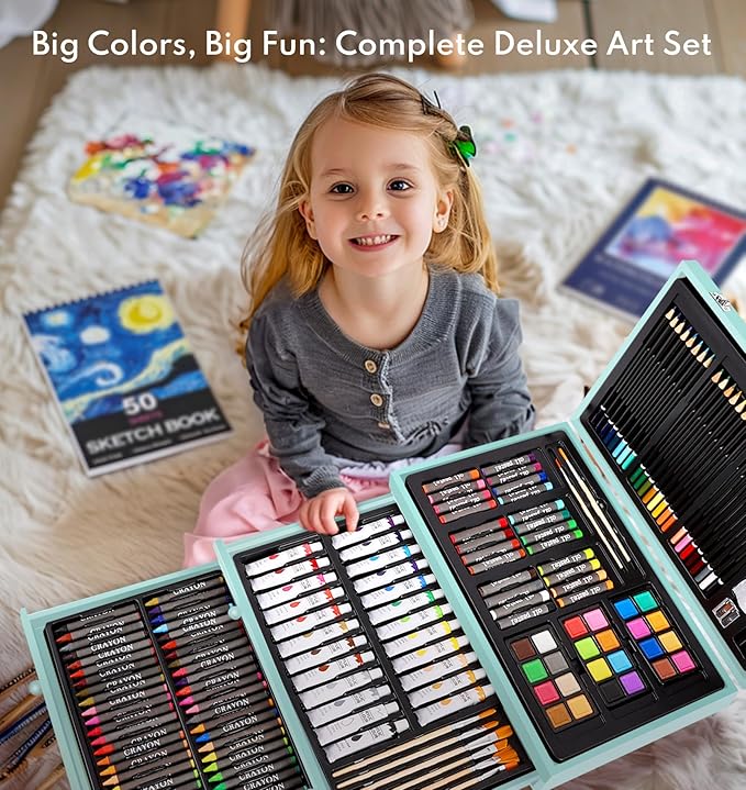 194 Piece Deluxe Art Set, Painting Drawing Art Supplies with 4 Drawing Pads, Acrylic Paints, Crayons, Colored Pencils Set in Wooden Case, Art Kit Gift Box for Kids, Teens, Adults, Artists, Beginners