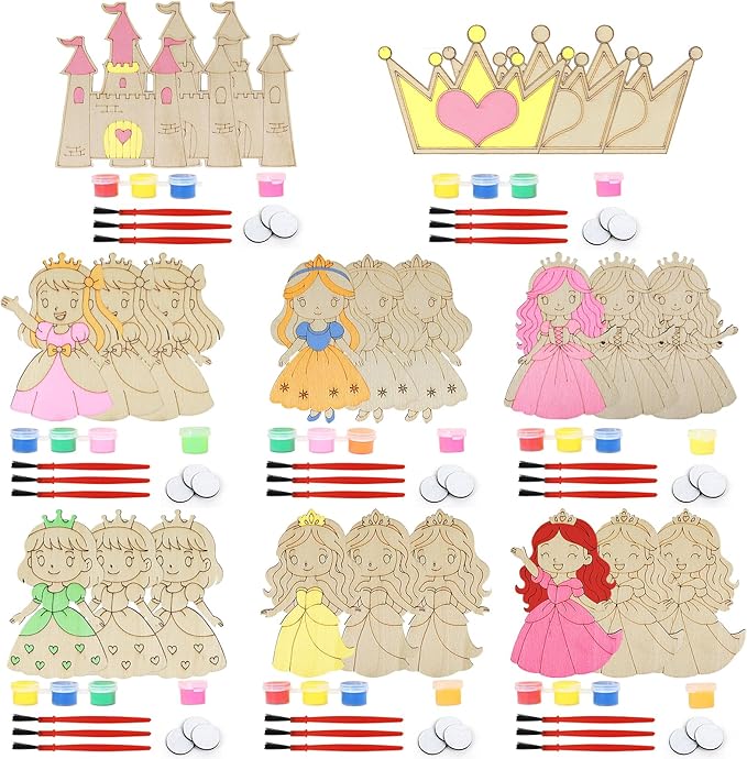 LARDUX Princess Party Favors, 24PCS DIY Wooden Arts & Crafts Painting Kit for Kids, Glow in The Dark Party Favors Family Crafts Birthday Party Christmas Gifts Toys for Boys Girls