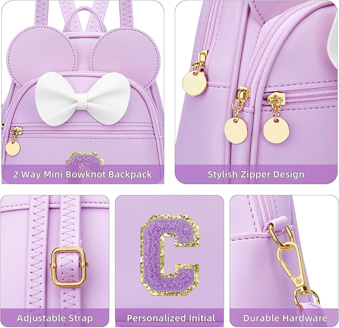 KKXIU Girls Initial Bowknot Cute Mini Backpack for Toddler, Travel Small Girl Backpacks, Personalized Trendy Stuff Gift for Little Girls and Kids(C, Purple)