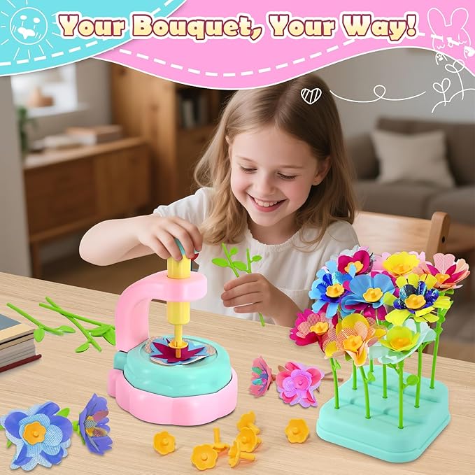 Flower Bouquet Craft Kit, DIY Arts and Crafts for Kids 4-6-8, Girls Toys 4-6-8 Flower Making Activity Toy Set for Toddler and Kids, Birthday Gifts for 4 5 6 7 8 Year Old Girls (Pink & Blue)