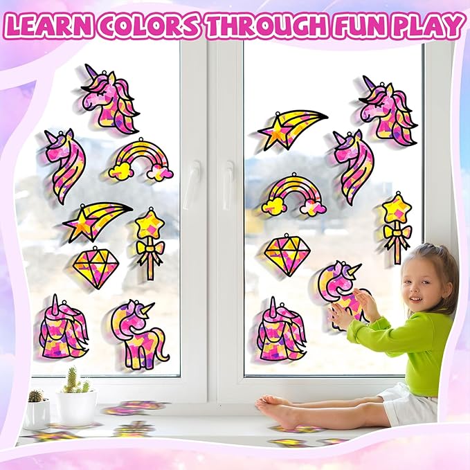QOUBAI 32 Sets Unicorn Rainbow Suncatchers Craft Kit DIY Window Stained Glass Effect Diamond Star bow Paper Crafts Home School Classroom Decoration Kid Birthday Gift Creative Art Project Activity Game