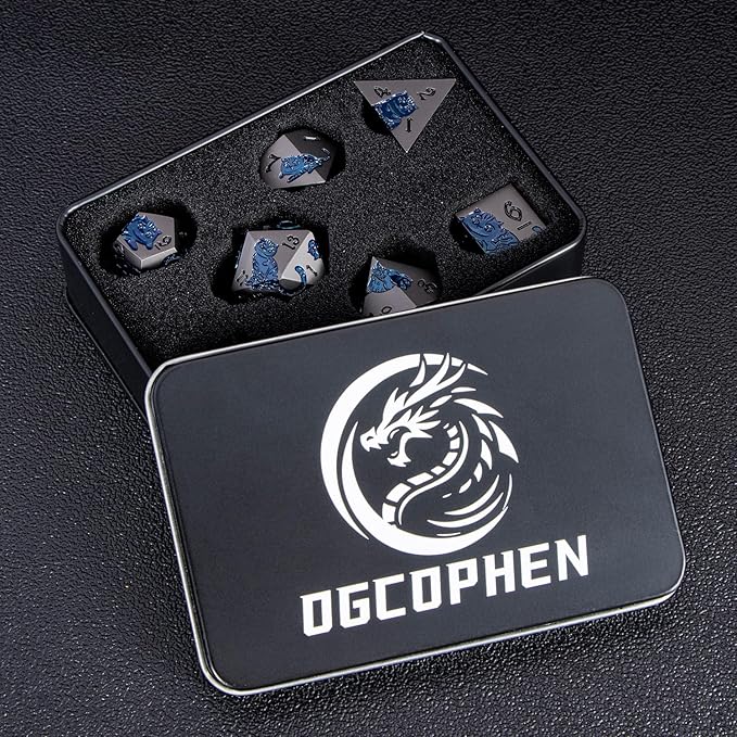 Metal DND Cat Dice 7PCS Polyhedral RPG Dice Set with Gift Case for Dungeons Dragons Role Playing Game, D and D Dice D6 D8 D10 D12 D20 D% (Grey Blue)