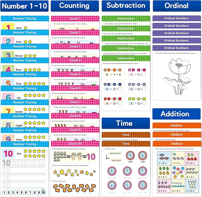 Preschool Learning Activities 60 Reusable Pages, Number Tracing Addition Subtraction Math Practice Kindergarten Workbook, Educational Fine Motor Toddler Learning Toys for 3 4 5 Year Olds