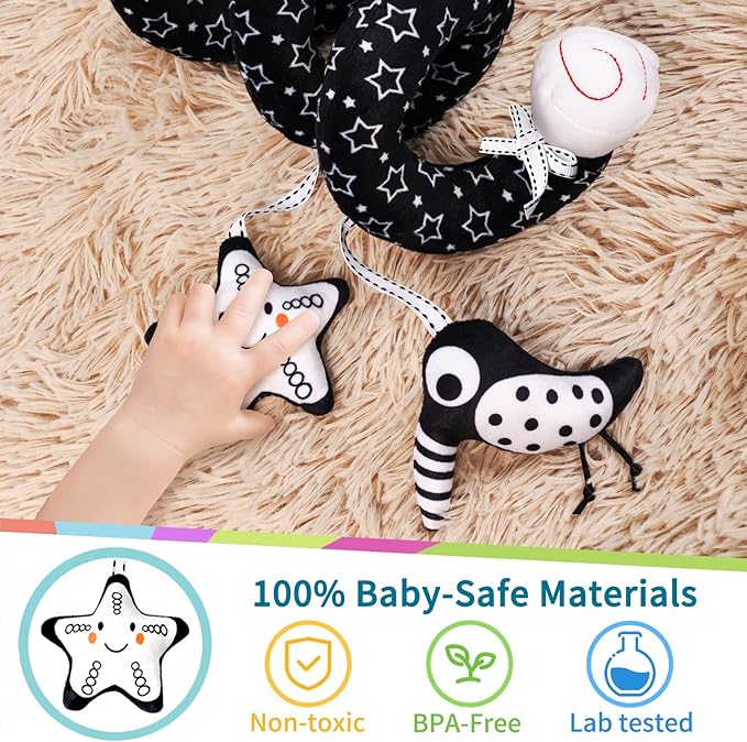 LiKee Spiral Car Seat Toys for Babies 0-6 Months, Black High Contrast Plush Hanging Baby Stroller Toys, Crib & Carseat Sensory Activity for Newborn, Ages 0+ Years 6-12 Month Infants Boy Girl Gifts