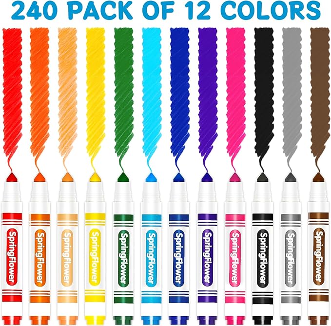 SpringFlower 240 Count Washable Markers Bulk, Markers Bulk Back to School Classroom Supplies In 12 Assorted Colors, Broad Tip for Kids, Classroom School Teacher Must Haves