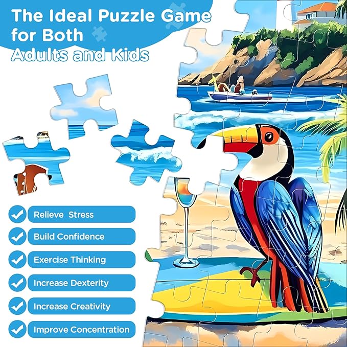 500 Piece Jigsaw Puzzle for Adults, Beach Scenery Jigsaw Puzzle, Chair and Guitar Jigsaw Puzzles, Seaside Lover Challenging Puzzles for Friends Family Activity Game Nights Gifts