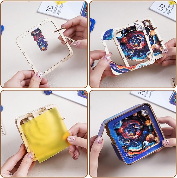 3D Puzzle Nightlight-DIY LED Light 3D Universe Jigsaw Wooden Puzzle-Art Lamp and Craft Kits for Kids and Adults-Birthday Gifts Toys-Home Desk Decor Family Game