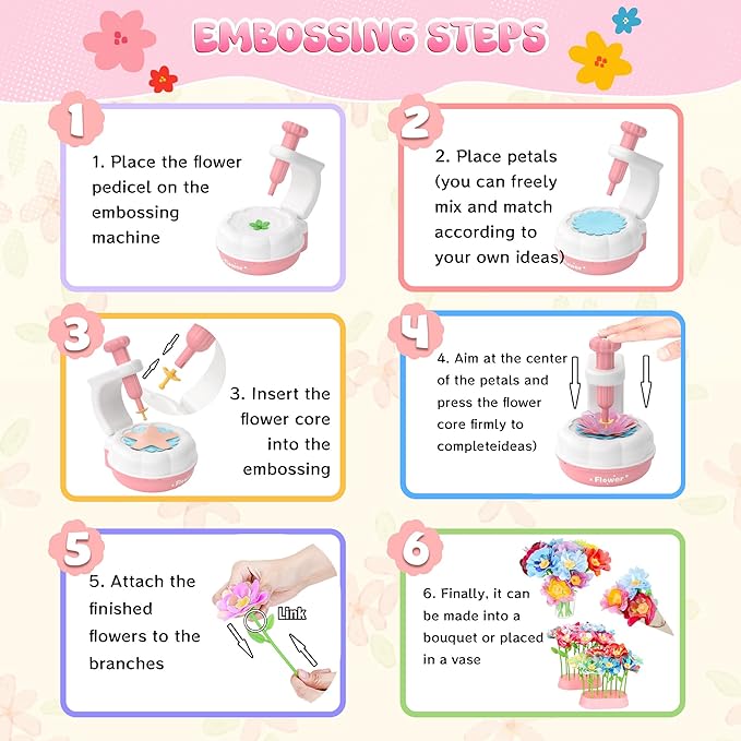 GirlsHome 300+PCS Fabric Flower Bouquets Toys, DIY Flower Crafts Kits for Kids, Arts and Crafts for Kids Ages 6-8 Girls, Build Flower Bouquet, STEM Educational Toy Preschool Gifts (White Pink)