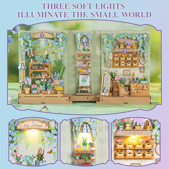 MOMIBOOK Book Nook Kit, 440 PCS DIY Miniature Dollhouse Kit for Adults, 3D Wooden Mini Puzzle Booknook Bookend Bookshelf Decor, Tiny House Model, Christmas Birthday Gifts, Fragrance Florist