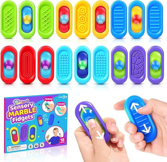 Sensory Marble Fidget for Kids Classroom- 18 Pack Gel Squeeze Stress Anxiety Autistic ADHD, Quiet Fidget Classroom Treasure Box Prize, Adult Special Needs Worry Stones, Bulk Gifts Stocking Stuffers