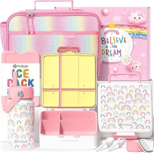 Fimibuke Kids Bento Lunch Box with 4 Compartments, Insulated lunch Bag, Stainless Steel Insulated Water Bottle, Ice Pack & Utensils Set, Birthday Gifts for Ages 3-12 Back to School Toddler Girls Boys