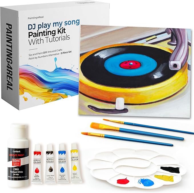 Painting4Real DIY Painting Class Kit for Adults with Video Tutorials: Learn to Paint DJ Play My Song – How to Paint with Acrylics – Painting & Art Supplies – 9 Piece Acrylic Paint Set