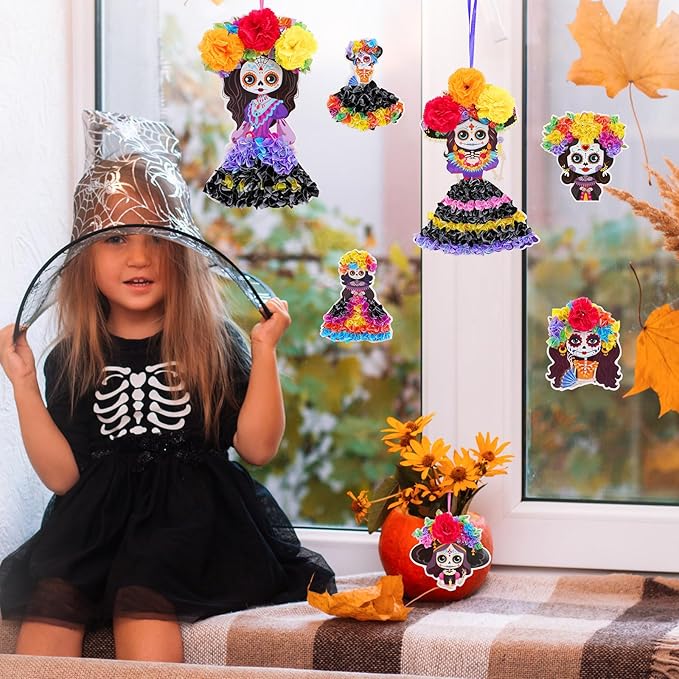 Fennoral 8 Pack Day of The Dead Poke in Art for Kids Make You Own Day of The Dead Craft Kits DIY Poke EVA Foam Sugar Skull for Classroom Art Activity Dia De Los Muertos Halloween Decoration
