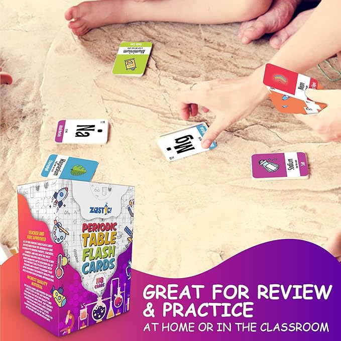 Zastic! Periodic Table Flash Cards - Laminated Elements Flashcards (118) for Kids - Great for Chemistry and Table Games
