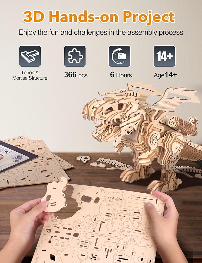 MIEBELY 3D Wooden Puzzles for Adults - T-Rex Dinosaur Model Kits can Walk and Roar, Mechanical Dinosaur STEM Toys for Boys Kids Ages 8-10-12-14, 3-D Puzzles Building Kit Gifts for Teen Men Women