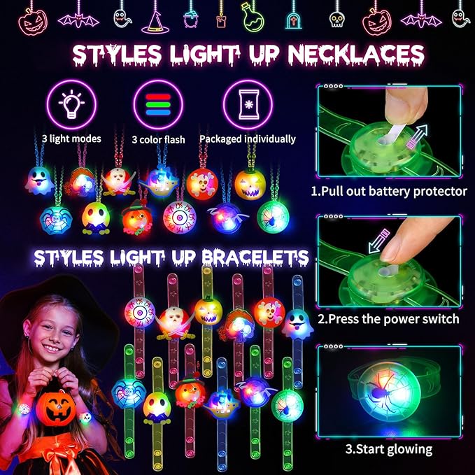 58 PCS Halloween Party Favors, Halloween Light Up Toys Kids' Party Favors, Glow in the Dark Toys - Necklaces, Rings, Bracelets, Brooches - Bulk Halloween Goodie Bag Fillers, Halloween Party Supplies