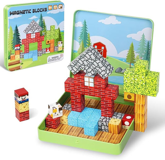 49 PCS Mini Magnetic Building Blocks Travel Toys for Kids Ages 4-8, Travel Magnetic Tiles with Portable Iron Storage Box, STEM Learning Educational Construction Toys for Toddlers 3+