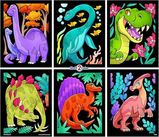 Dinosaurs - 6 Pack of Fuzzy Velvet Coloring Posters for Kids, Toddlers, Girls, and Boys (All Ages Arts and Crafts Activity) - Includes T-Rex, Stegosaurus - Perfect for Vacation Travel or Plane