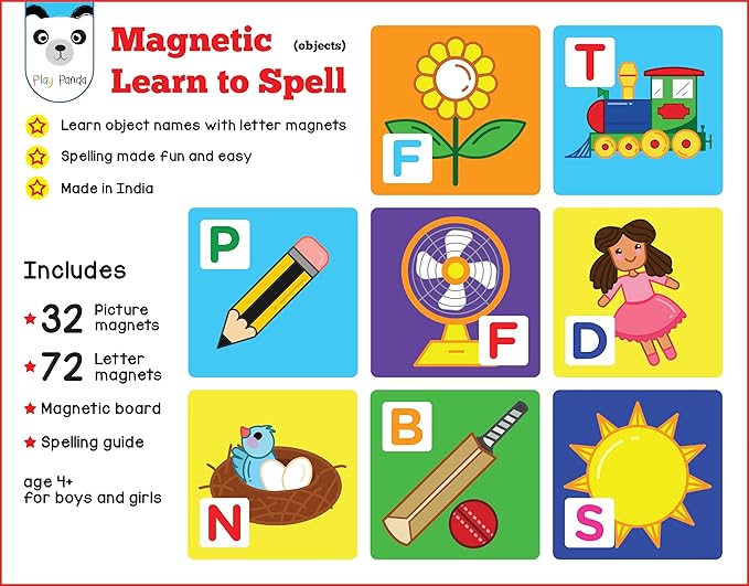 Magnetic Preschool learning Toys for Toddlers Aged 3 4 5 6 Years Old Learn to Spell Objects|104 Magnet Pieces-32 Picture & 72 Letters with Magnet Board & Spelling Game Guide|Educational Toy for Kids