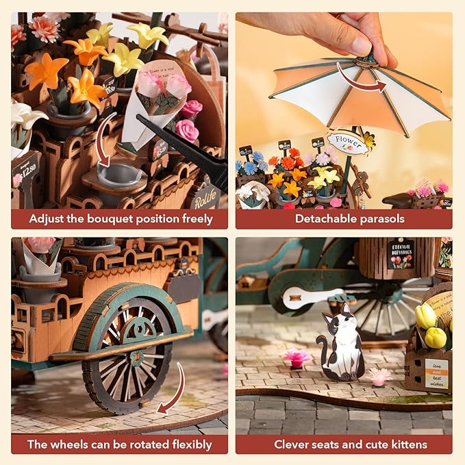 ROBOTIME 3D Puzzles for Adults DIY Model Kit to Build Floral Cart Wooden Puzzle Craft Kit Toy Hobby Gift Home Decor