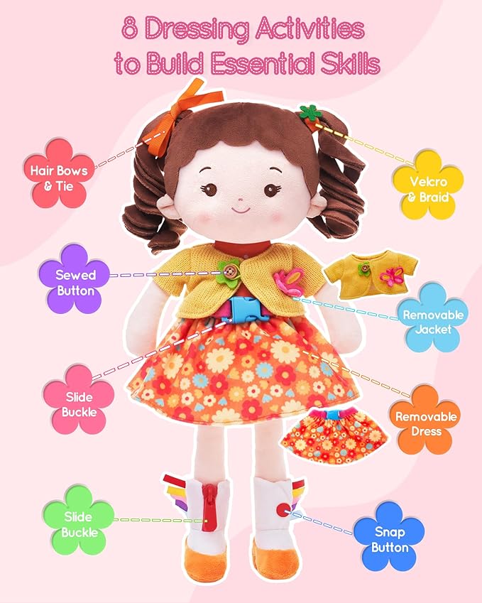 LeyaDoll Learning Sensory Doll for Toddlers, Montessori Toys for 2-Year-Old Girls Christmas, Birthday Gifts, Plush Doll with Zipper, Shoelace, Button-Busy Flora Girl