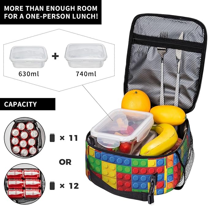 Colorful Bricks Reusable Lunch Box Food Bag Insulated Lunch Bag for Teenage Boys Girls School Beach
